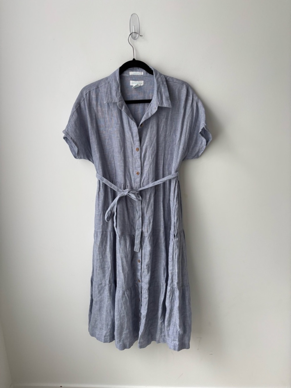 Cynthia Rowley 100% Linen Blue Shirt Dress Tie Waist Tiered Size M